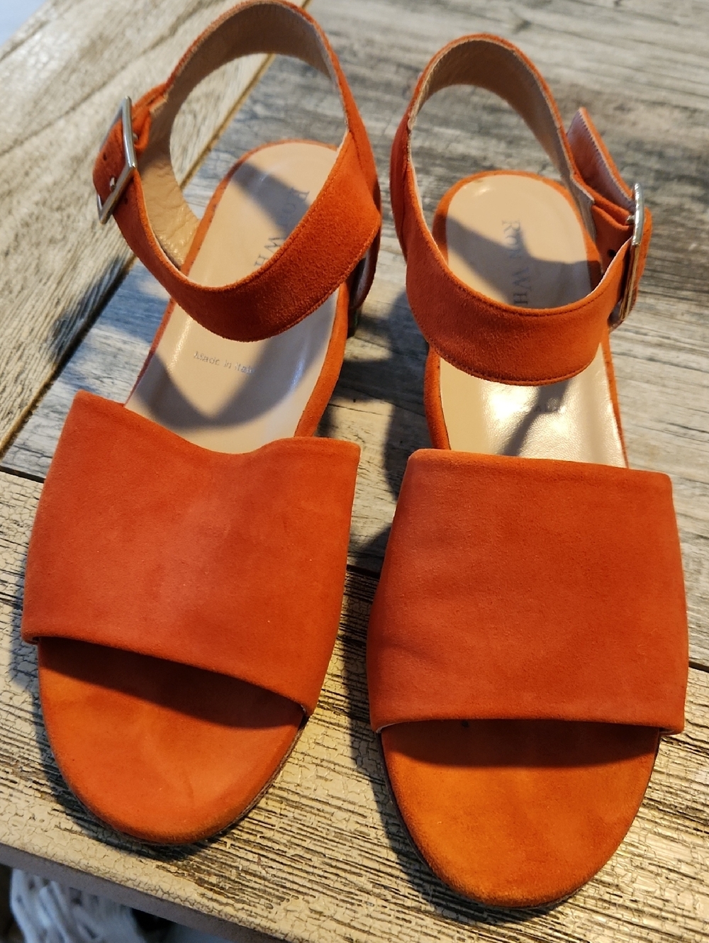 RON WHITE !  Suede Block-Heel Ankle-Strap Sandals in Orange